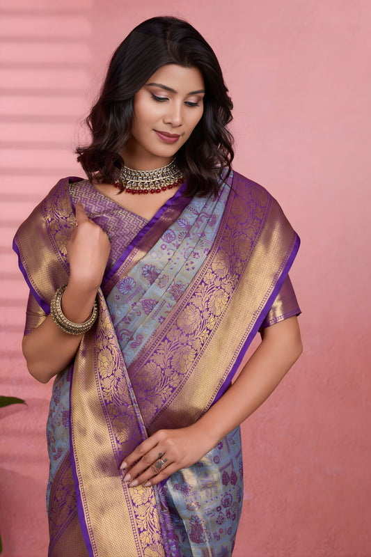 Royal Sky Blue Kanchipuram Silk Saree with Weaving Work for Women