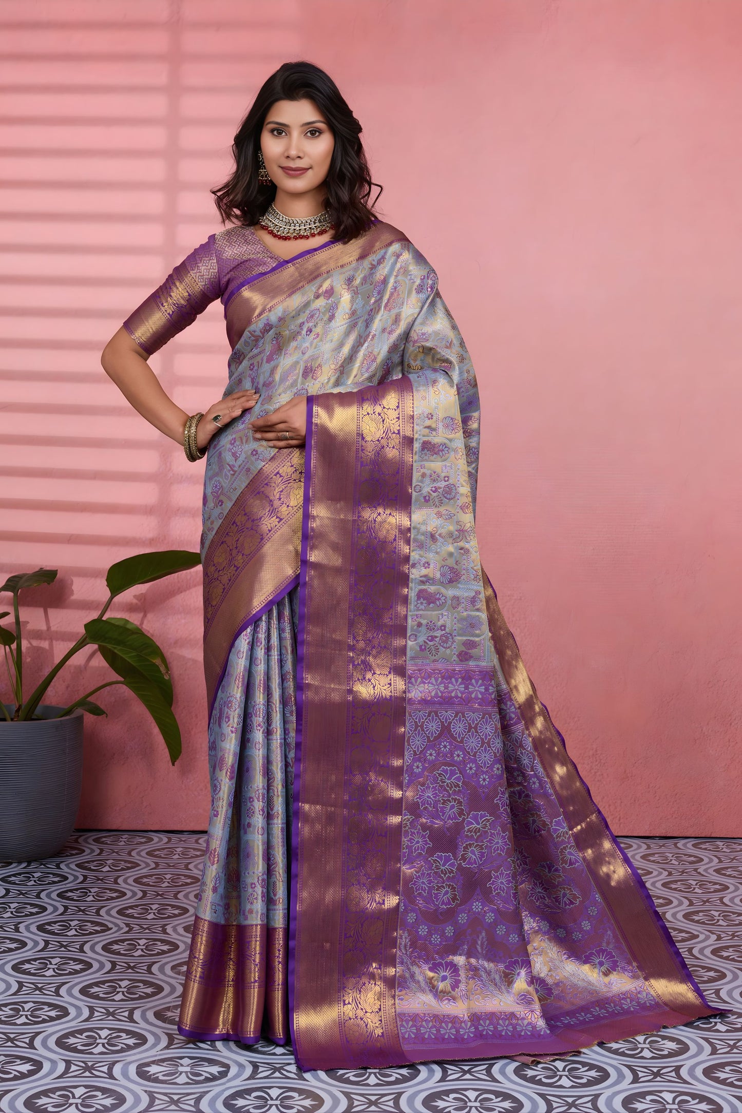 Royal Sky Blue Kanchipuram Silk Saree with Weaving Work for Women