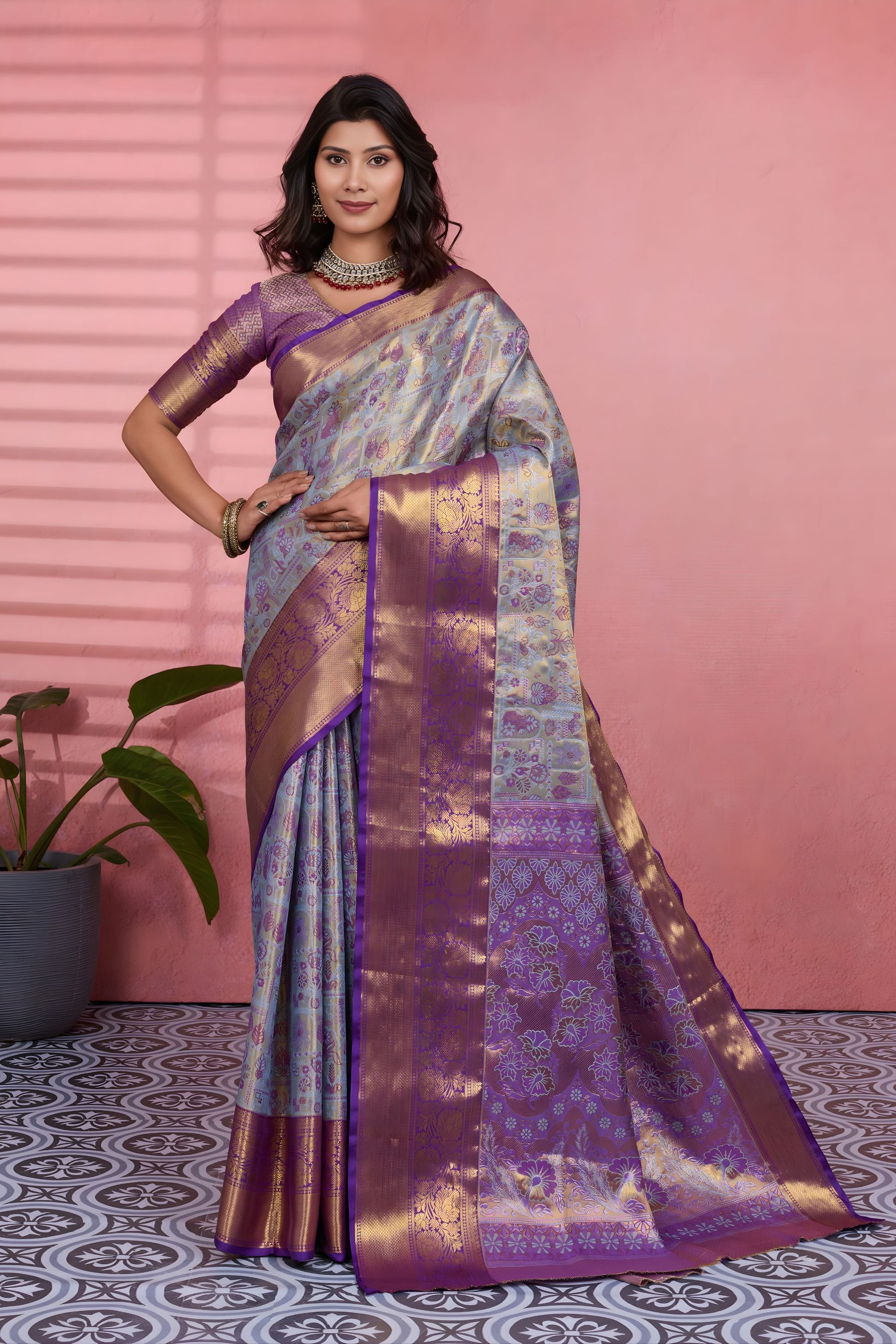 Royal Sky Blue Kanchipuram Silk Saree with Weaving Work for Women