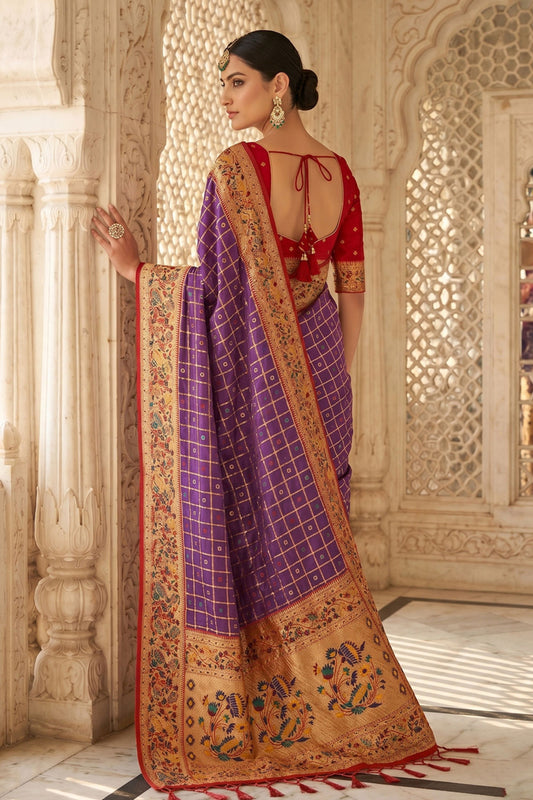 Royal Purple Banarasi Silk Saree Zari Checks Weaving Rich Border for Wedding