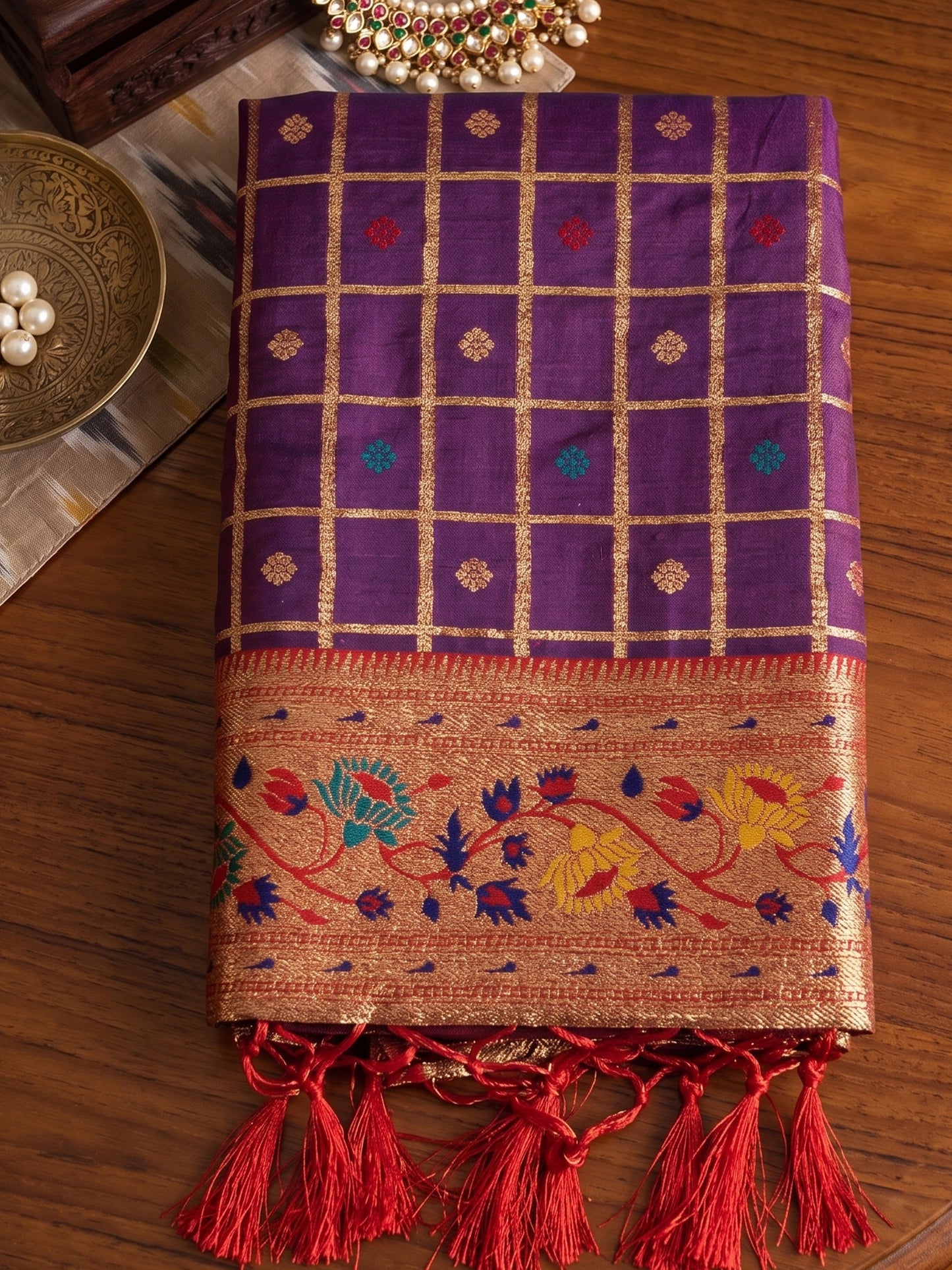 Royal Purple Banarasi Silk Saree Zari Checks Weaving Rich Border for Wedding