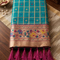 Royal Teal Blue Banarasi Silk Saree Zari Checks Weaving Rich Border for Wedding