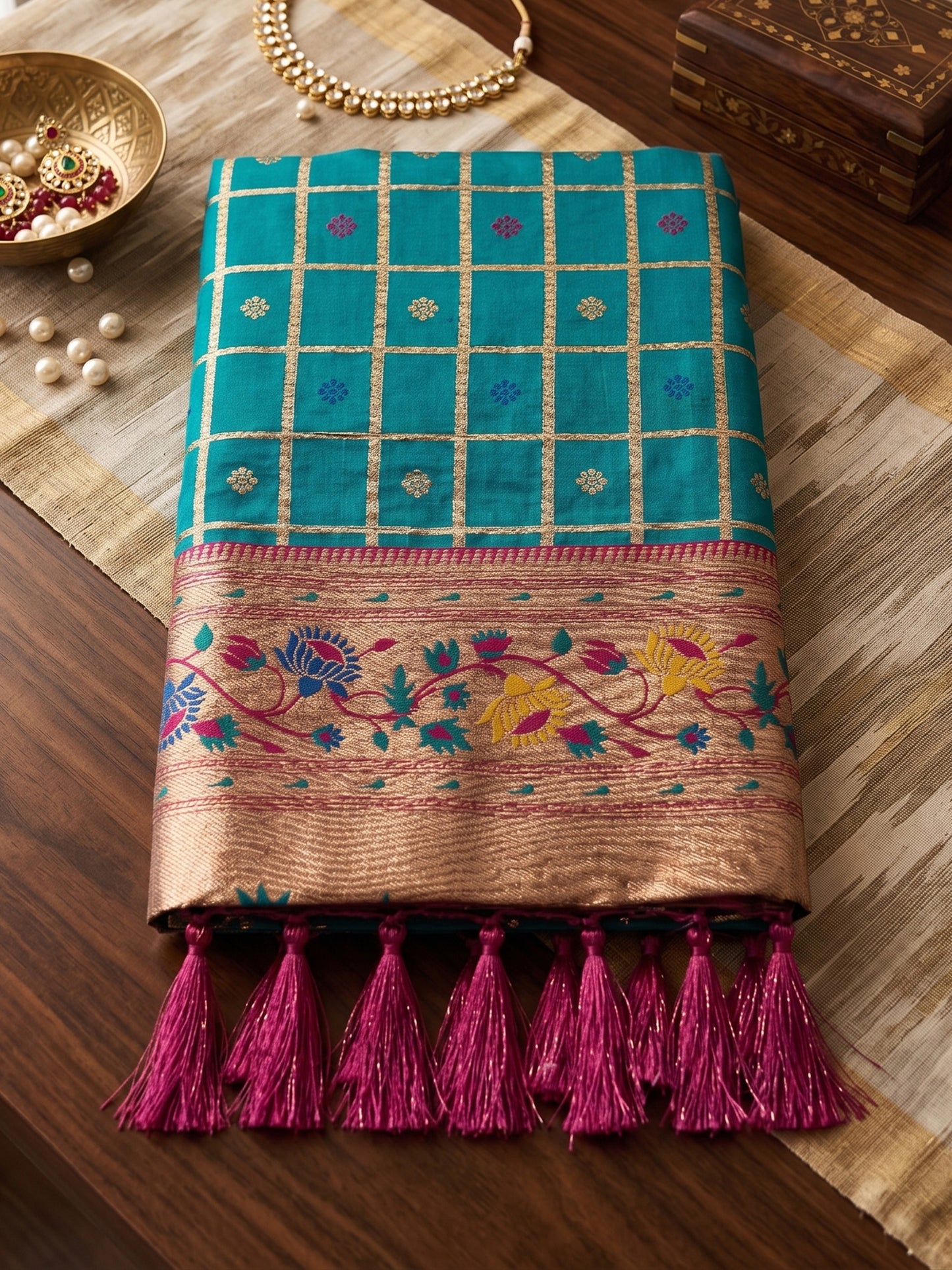 Royal Teal Blue Banarasi Silk Saree Zari Checks Weaving Rich Border for Wedding