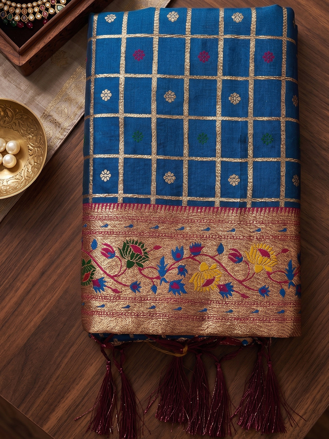 Sylish Steel Blue Banarasi Silk Saree Zari Checks Weaving Rich Border for Wedding