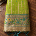 Gracefull Lime Green Banarasi Silk Saree Check Weaving Rich Border for Wedding