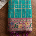 Premium Teal Green Banarasi Silk Saree Checks Weaving Rich Border for Wedding