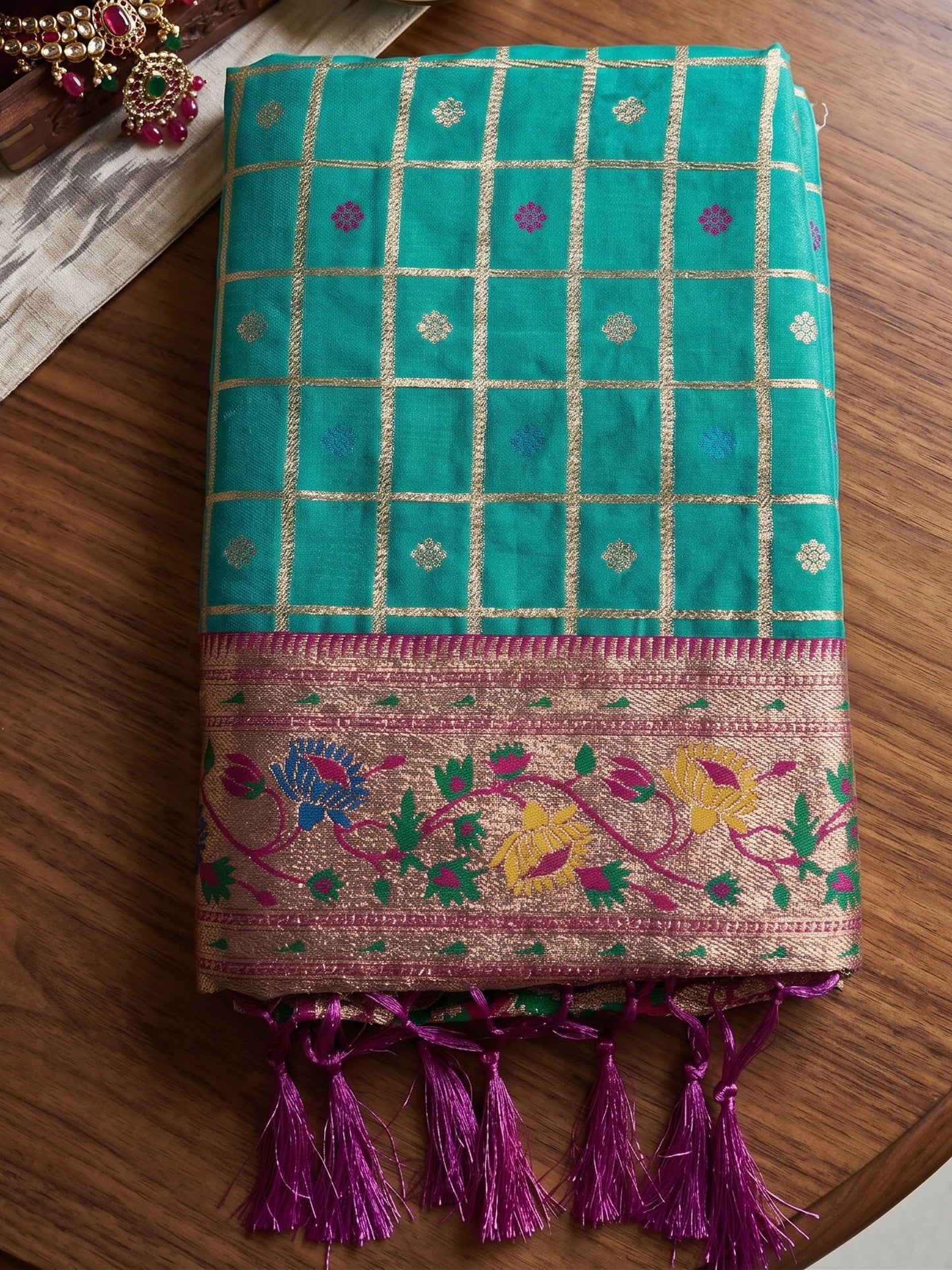 Premium Teal Green Banarasi Silk Saree Checks Weaving Rich Border for Wedding