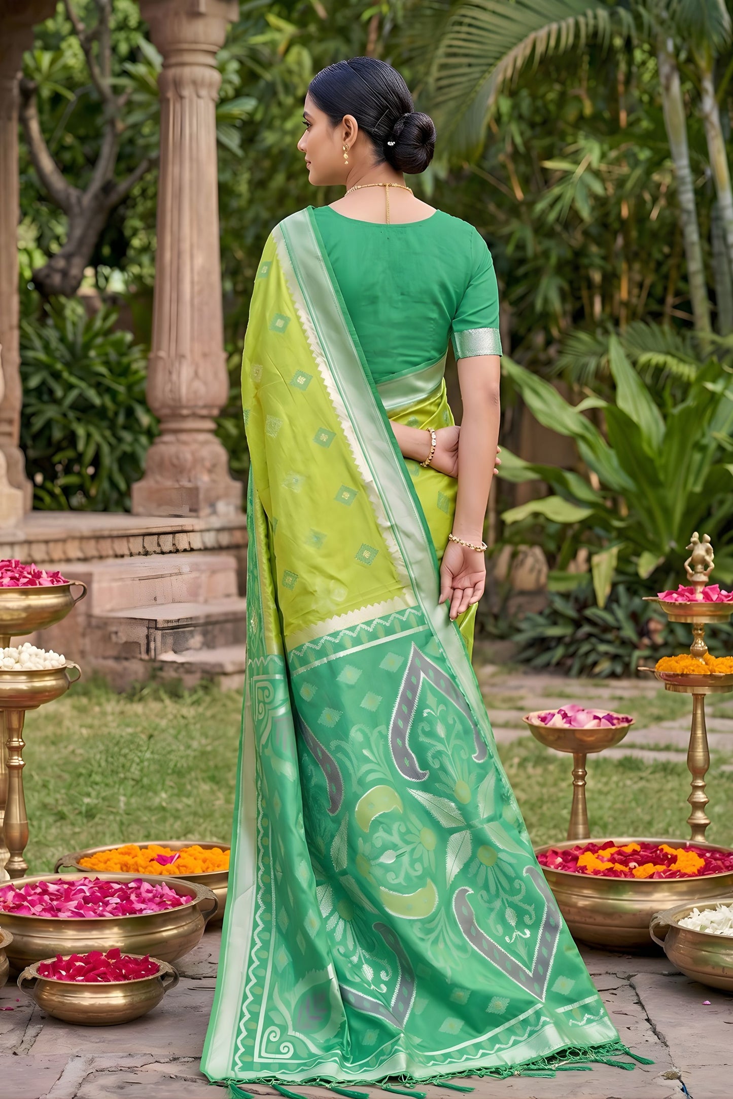 Gracefull Lime Green Soft Silk Saree Jacquard Work Border for Wedding