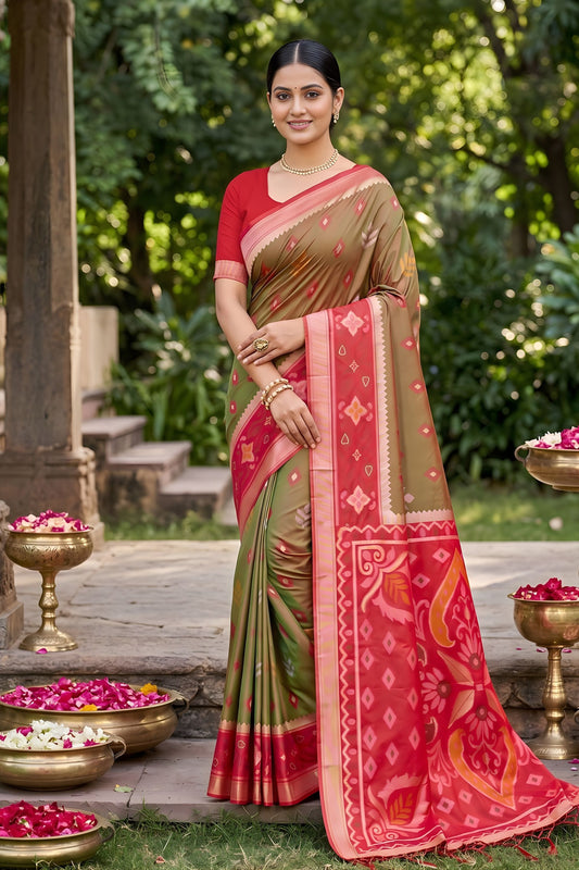 Gracefull Olive Green Soft Silk Saree Jacquard Work Border for Wedding