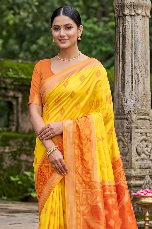 Premium Yellow Soft Silk Saree Jacquard Work Border for Wedding