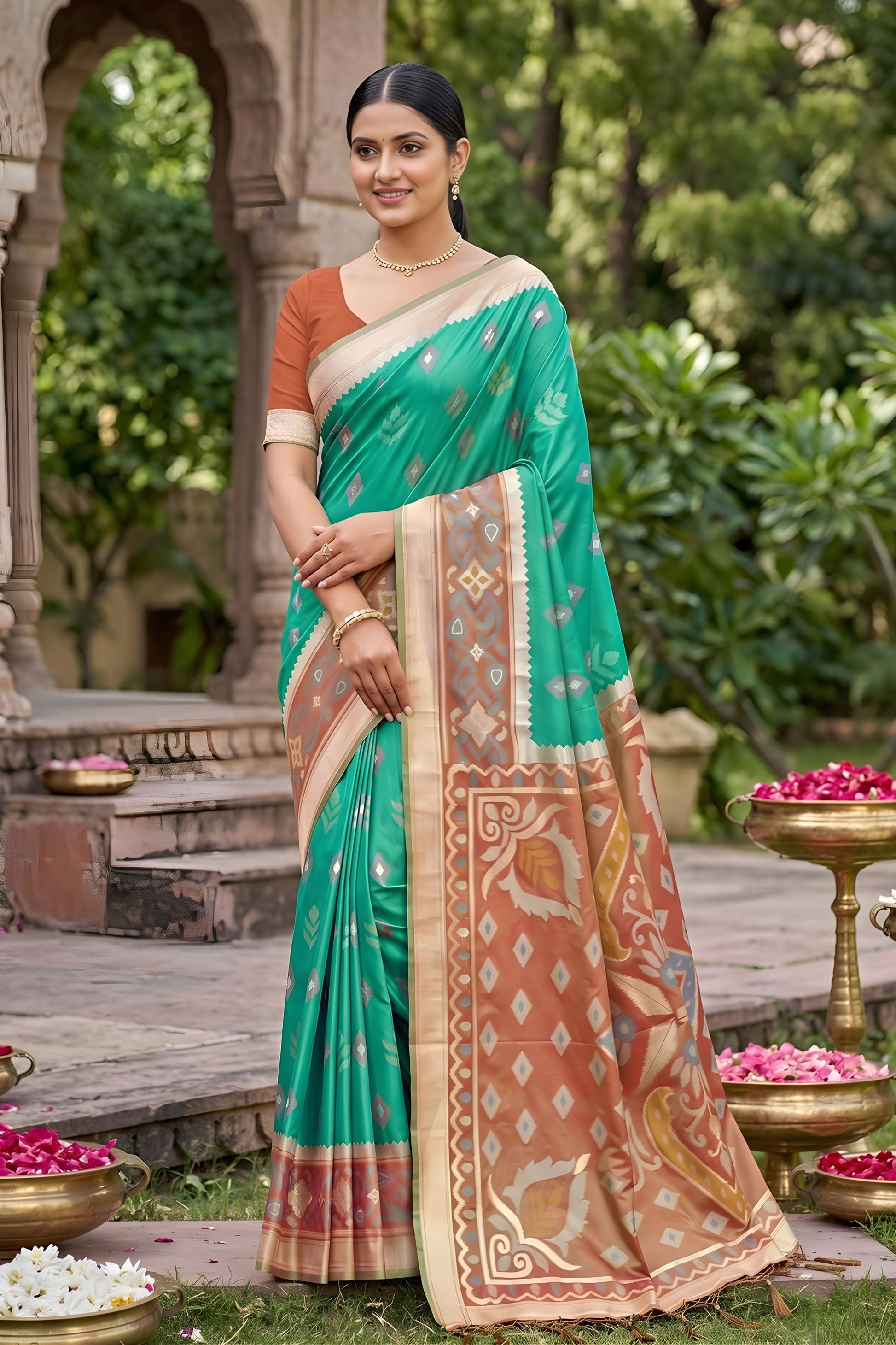 Royal Teal Green Soft Silk Saree Jacquard Work Border for Wedding
