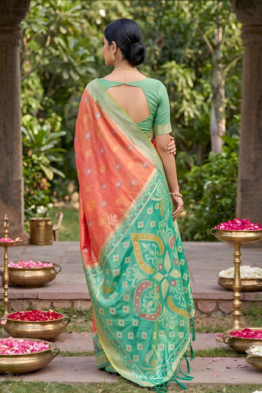 Stylish Peach Soft Silk Saree with Jacquard Work Rich Border for Wedding