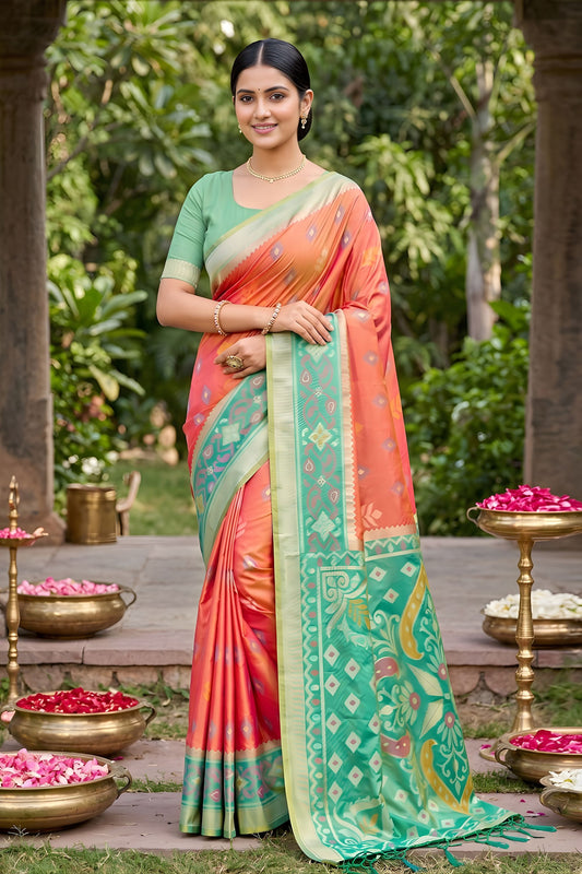 Stylish Peach Soft Silk Saree with Jacquard Work Rich Border for Wedding