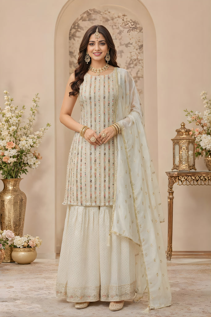 Elegant Off White Georgette Designer Sharara Suit with Embroidery Work and Designer Dupatta