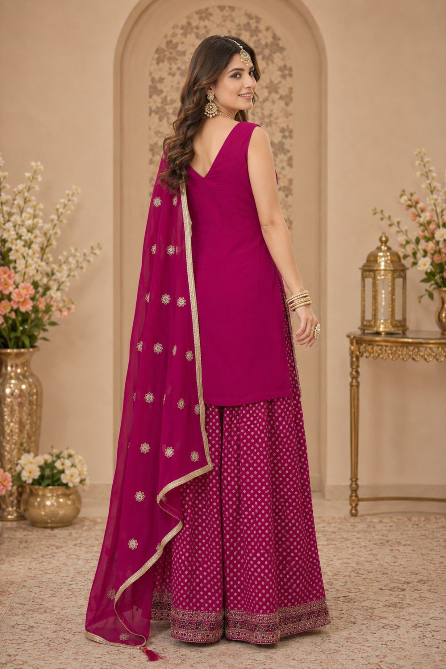 Stunning Magenta Georgette Designer Sharara Suit with Embroidery Work and Designer Dupatta