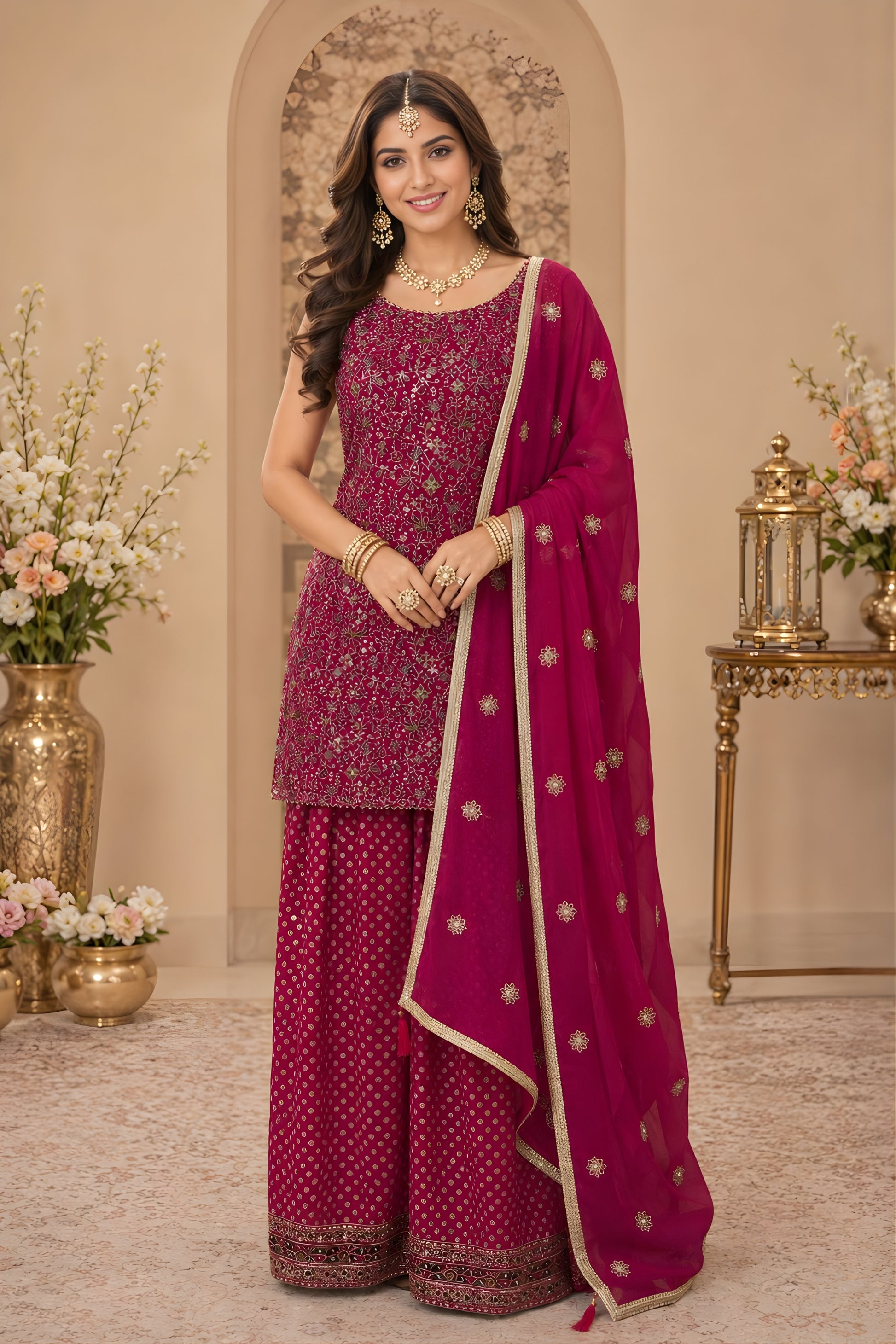 Stunning Magenta Georgette Designer Sharara Suit with Embroidery Work and Designer Dupatta (Copy)