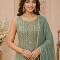 Stylish Sea Green Georgette Designer Sharara Suit with Embroidery Work and Designer Dupatta