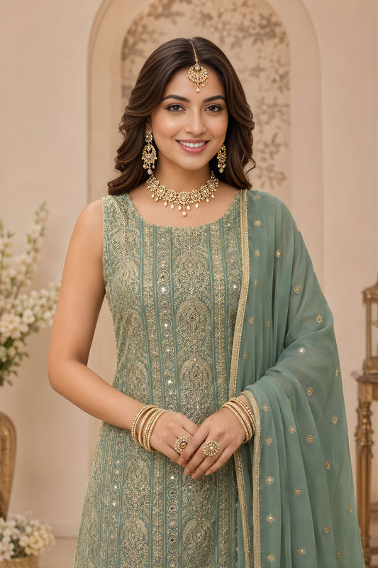 Stylish Sea Green Georgette Designer Sharara Suit with Embroidery Work and Designer Dupatta