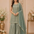Stylish Sea Green Georgette Designer Sharara Suit with Embroidery Work and Designer Dupatta