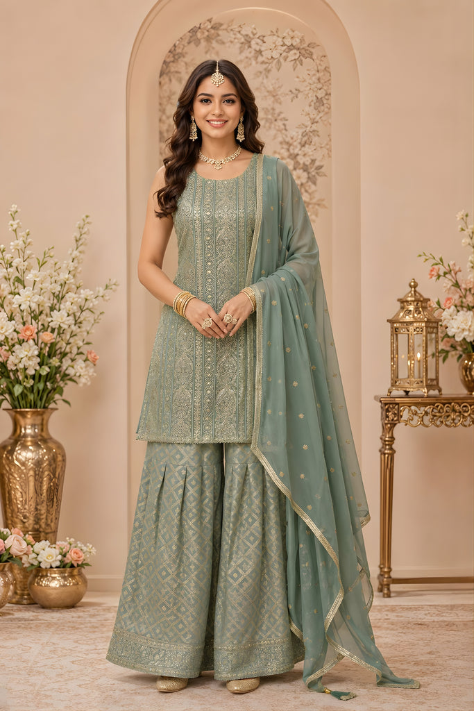 Stylish Sea Green Georgette Designer Sharara Suit with Embroidery Work and Designer Dupatta