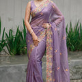 Gracefull Lavender Twil Net Saree Embroidery Cutwork for Wedding