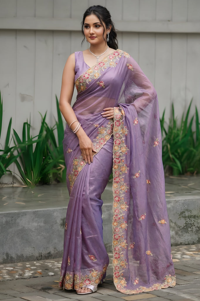Gracefull Lavender Twil Net Saree Embroidery Cutwork for Wedding