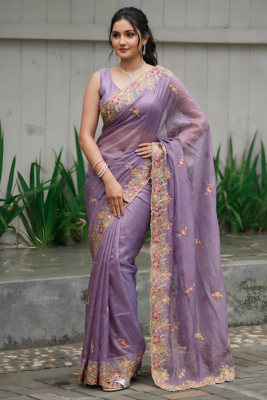 Gracefull Lavender Twil Net Saree Embroidery Cutwork for Wedding