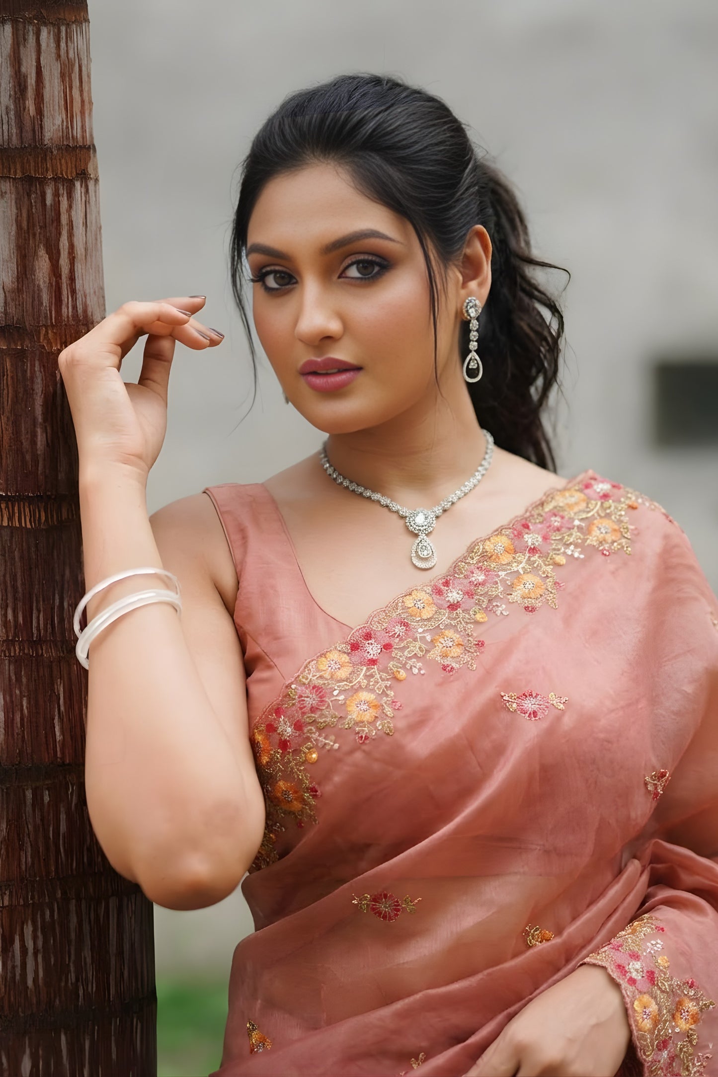 Elegant Peach Twil Net Saree with Embroidery Cutwork for Wedding