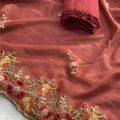 Elegant Peach Twil Net Saree with Embroidery Cutwork for Wedding