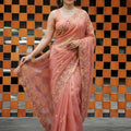 Elegant Peach Twil Net Saree with Embroidery Cutwork for Wedding