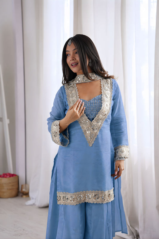 Royal Sky Blue Soft Chinon Palazzo Suit Real Moti Work for Wedding
