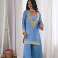 Royal Sky Blue Soft Chinon Palazzo Suit Real Moti Work for Wedding