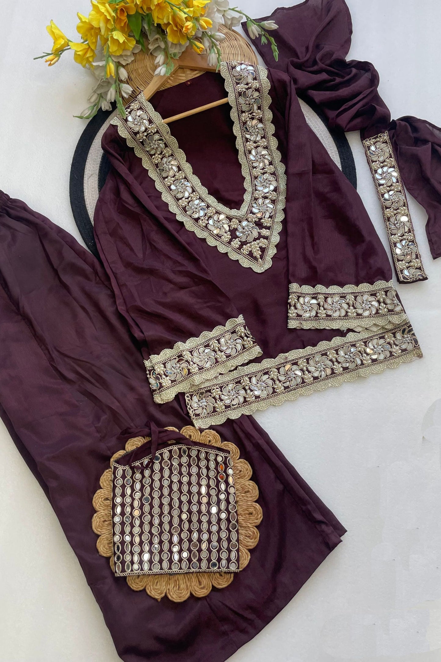Elegant Wine Soft Chinon Palazzo Suit Real Moti Work for Wedding