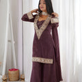 Elegant Wine Soft Chinon Palazzo Suit Real Moti Work for Wedding