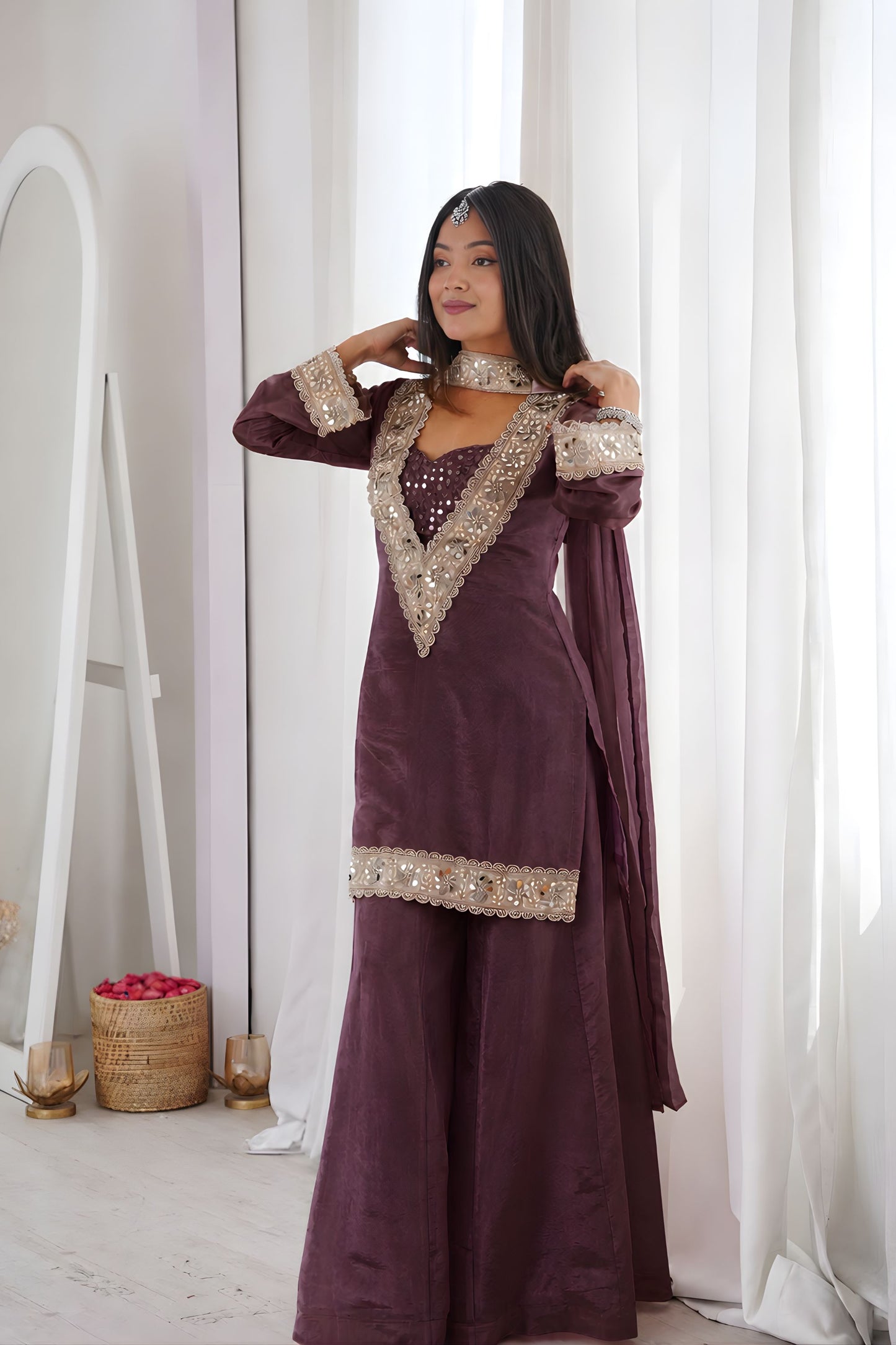 Elegant Wine Soft Chinon Palazzo Suit Real Moti Work for Wedding