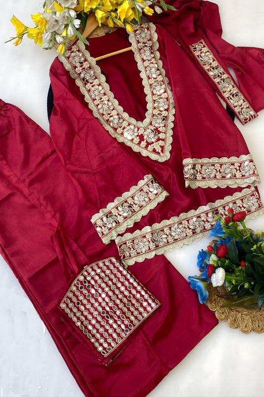 Stylish Maroon Soft Chinon Palazzo Suit Real Moti Work for Wedding