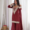 Stylish Maroon Soft Chinon Designer Palazzo Suit Real Moti Work for Wedding
