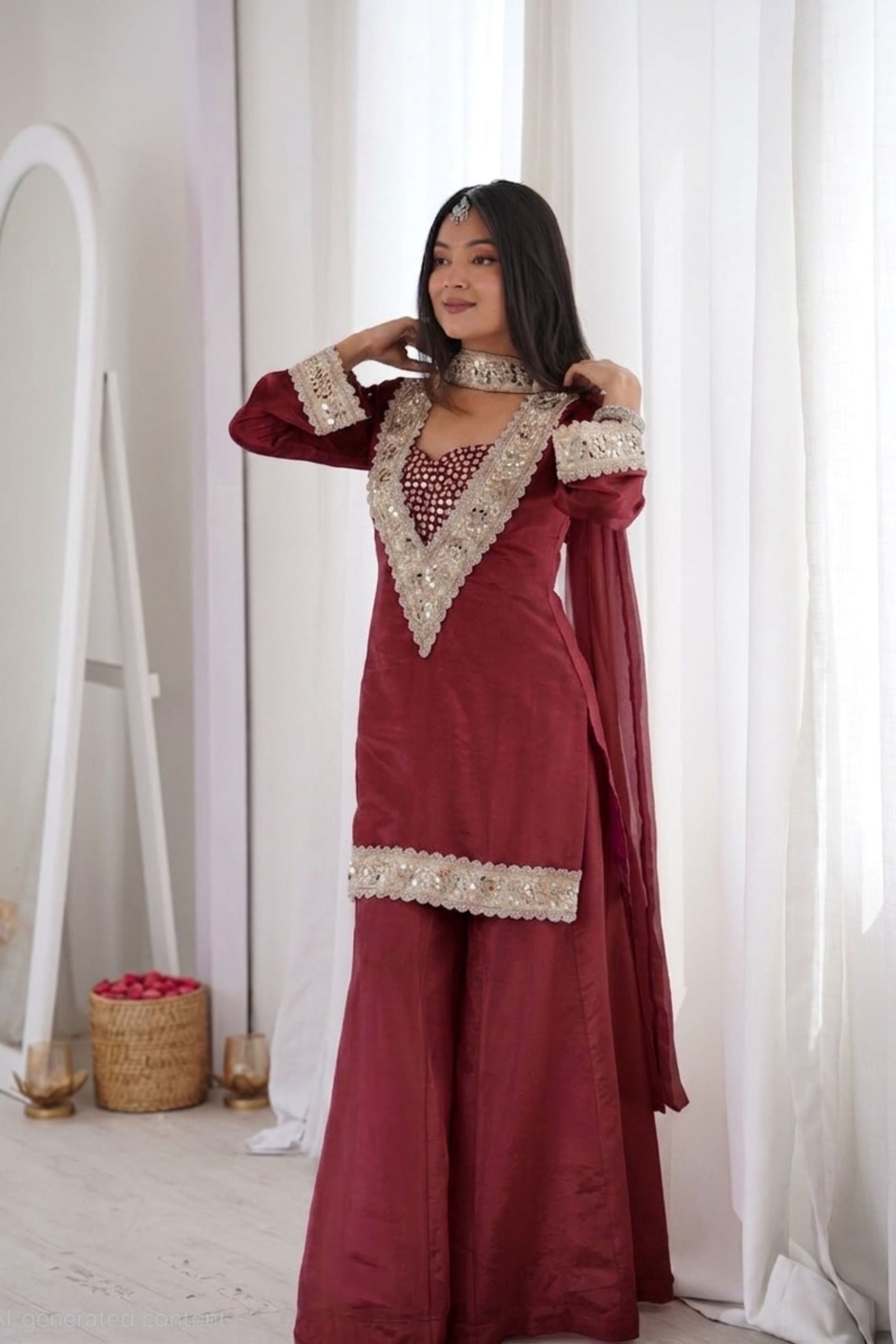 Stylish Maroon Soft Chinon Designer Palazzo Suit Real Moti Work for Wedding