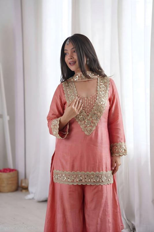Beautiful Pink Soft Chinon Palazzo Suit with Real Moti Work for Wedding