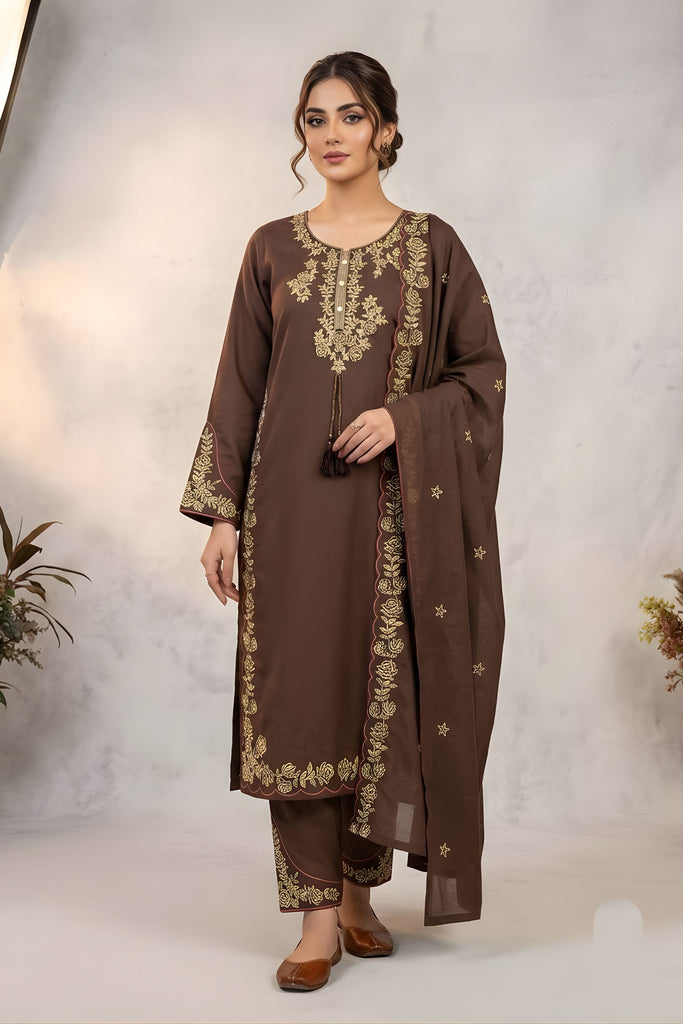 Elegant Brown Roman Silk Salwar Suit Embroidery Work for Wedding