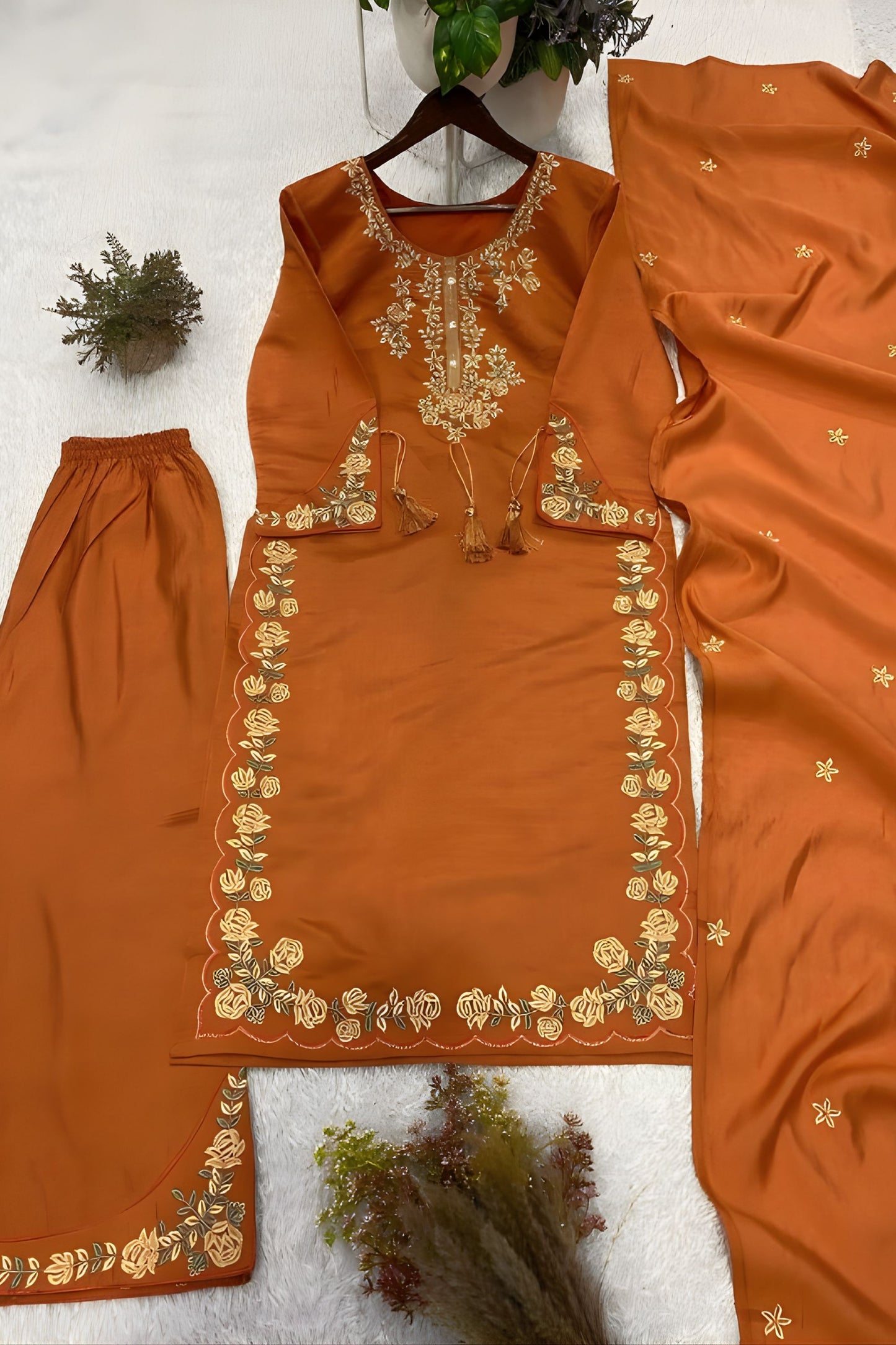 Stylish Rust Orange Roman Silk Salwar Suit Embroidery Work for Wedding
