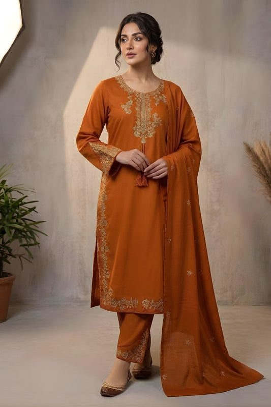 Stylish Rust Orange Roman Silk Salwar Suit Embroidery Work for Wedding