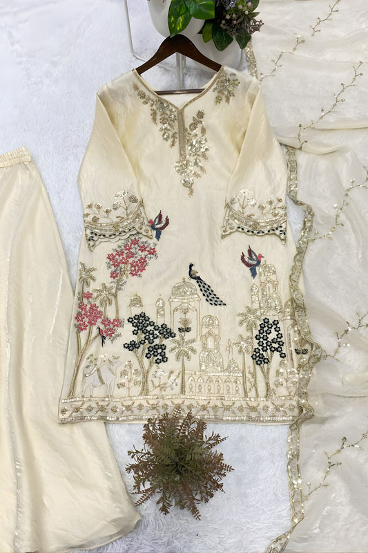 Stylish Cream Fendy Silk Palazzo Suit Sequence Embroidery Work for Wedding