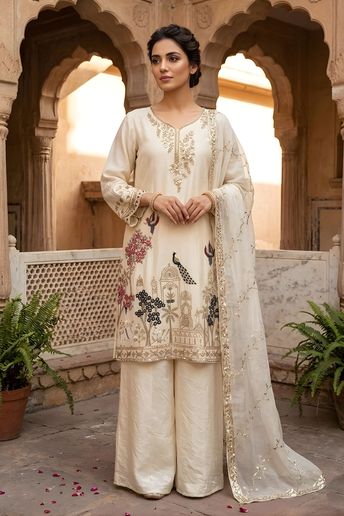Stylish Cream Fendy Silk Palazzo Suit Sequence Embroidery Work for Wedding