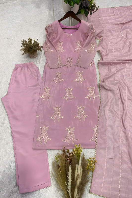 Beautiful Baby Pink Chinon Salwar Suit Sequence Embroidery Work for Wedding