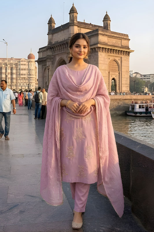 Beautiful Baby Pink Chinon Salwar Suit Sequence Embroidery Work for Wedding