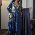 Elegant Navy Blue Vichitra Silk Anarkali Suit Beads Sequence Embroidery Work for Wedding
