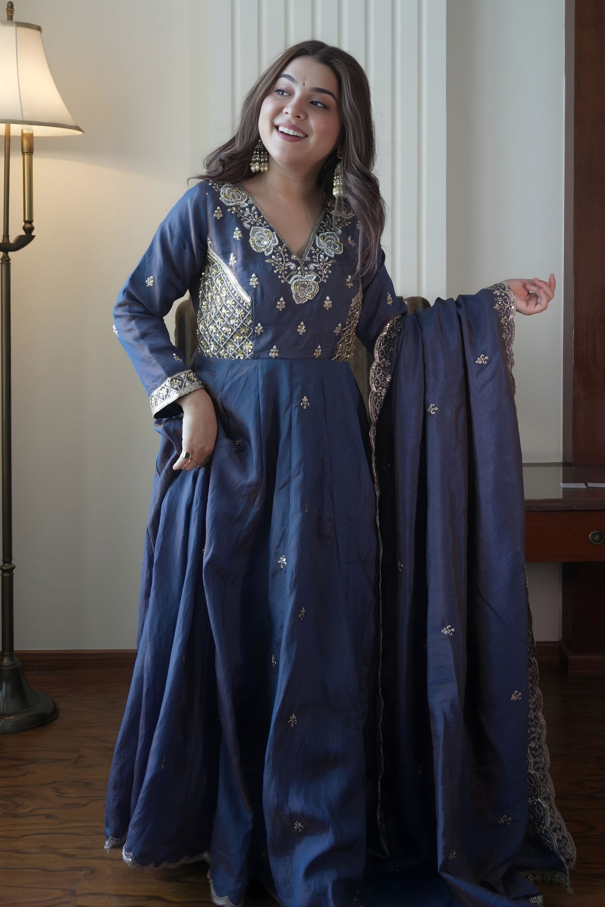 Elegant Navy Blue Vichitra Silk Anarkali Suit Beads Sequence Embroidery Work for Wedding