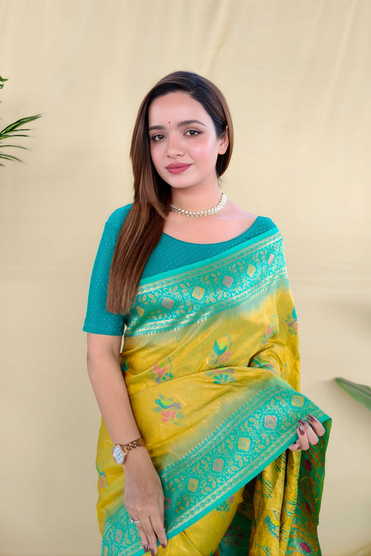 Stylish Yellow Silk Zari Weaving Work Saree for Wedding