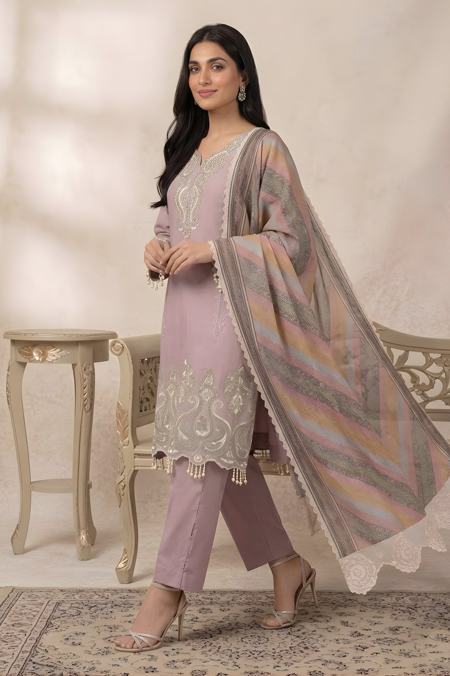Elegant Pink Star Georgette Designer Straight Salwar Suit with Embroidery Work and Multicolor Dupatta